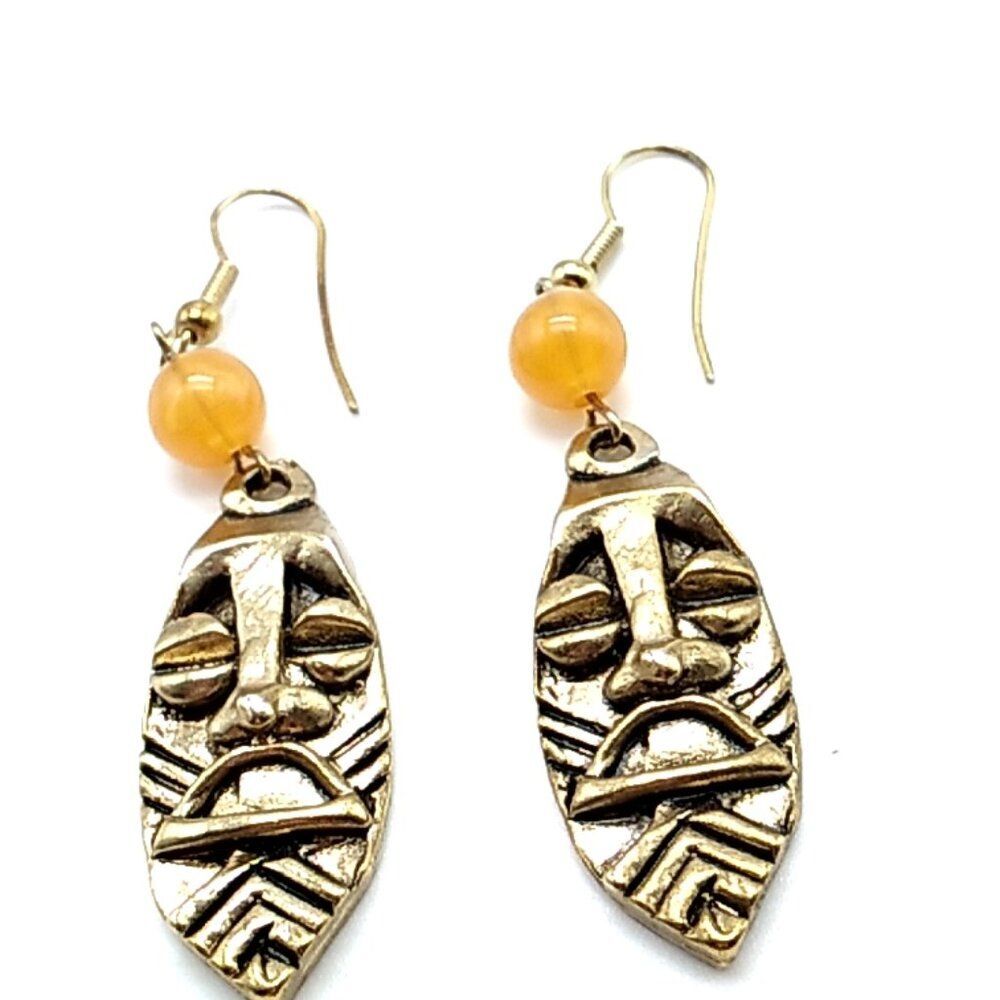 Ethnic Tribal Face-Mask Gold-tone Earrings with Amber Acrylic Bead